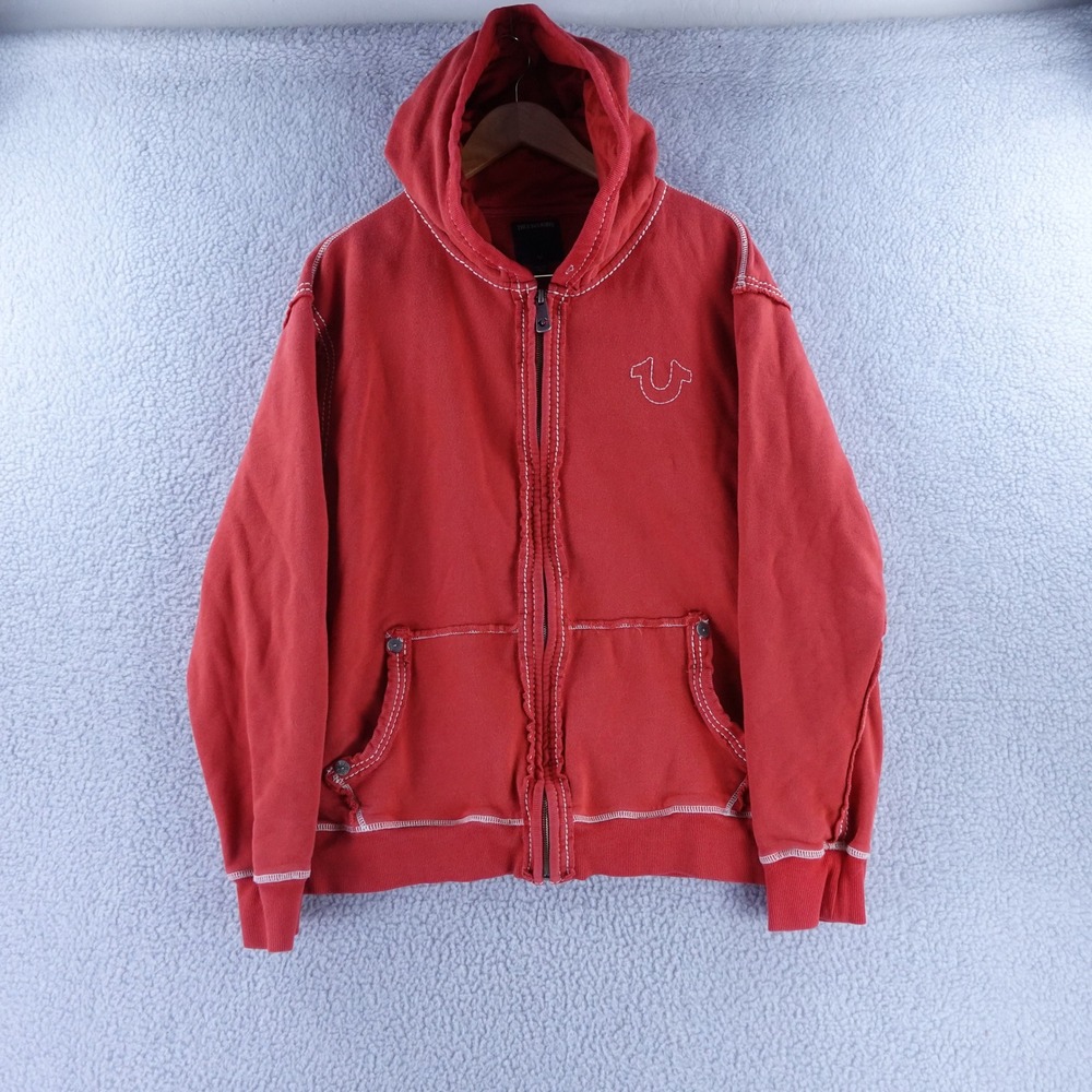 True Religion Womens Red Big T Contrast‎ Stitch Zip Up Hoodie 2XL Y2K Stretch